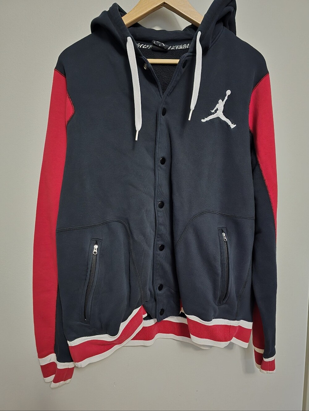 Vintagr Jordan Navy Hooded Varsity Jacket with Red Sleeves